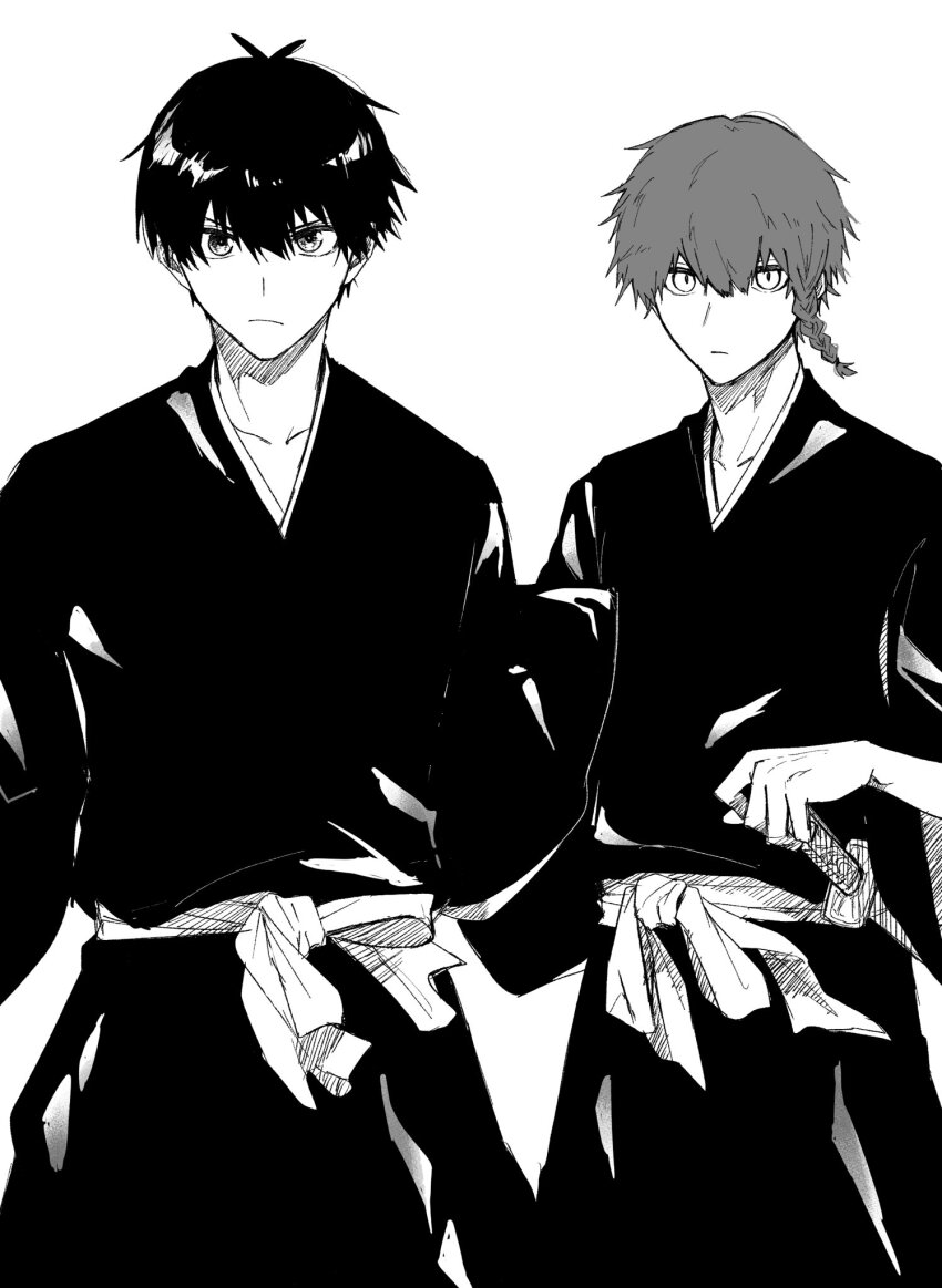 2boys alternate_costume blue_lock braid closed_mouth clothing_request commentary_request cosplay fun1_fn greyscale highres isagi_yoichi katana kurona_ranze looking_at_viewer male_focus monochrome multiple_boys short_hair side_braid simple_background single_braid sword weapon white_background