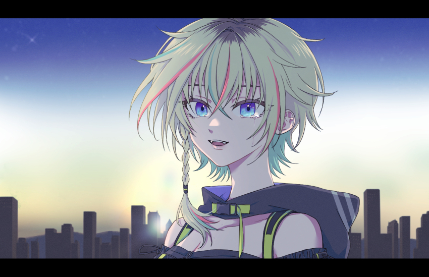 1girl bare_shoulders blonde_hair breasts cleavage colored_inner_hair hood hoodie idolmaster idolmaster_va-liv jacket letora_(idolmaster) multicolored_hair roots_(hair) short_hair user_tkgu7373