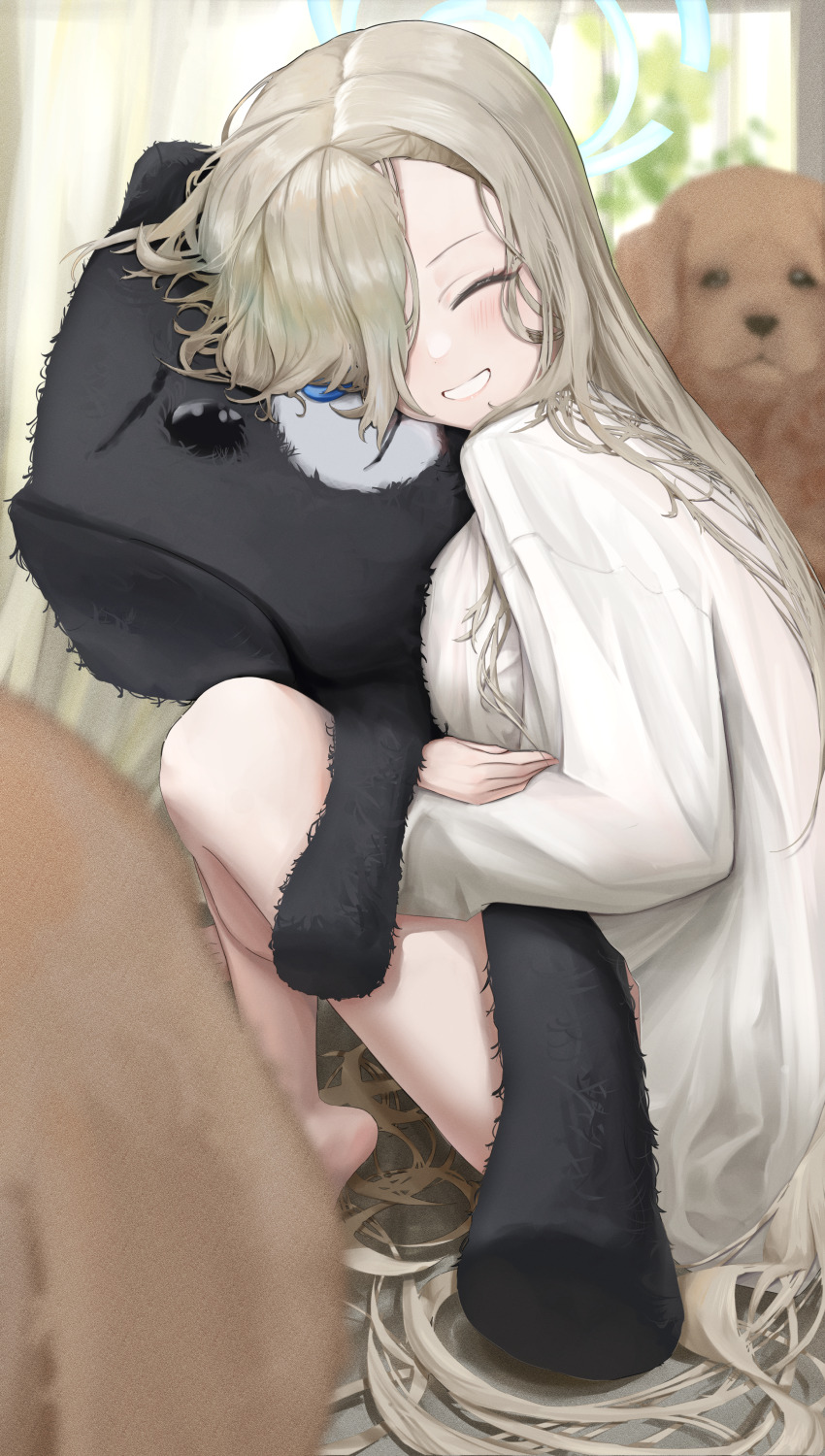 1girl absurdres alternate_costume asuna_(blue_archive) bare_legs barefoot blonde_hair blue_archive blush closed_eyes dog grin hair_over_one_eye highres hugging_doll hugging_object long_hair shirt smile solo stuffed_animal stuffed_toy ubeuna white_shirt