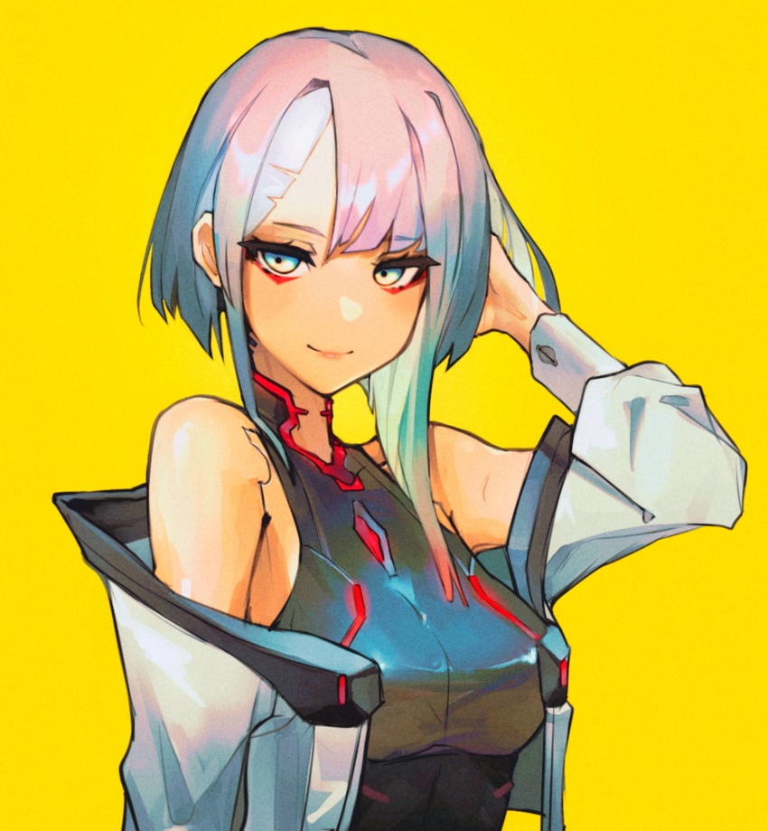 1girl arm_up asymmetrical_hair bare_shoulders bodysuit breasts cyberpunk_(series) cyberpunk_edgerunners cyborg eyeliner hand_on_own_head highres ice_calm lucy_(cyberpunk) medium_breasts multicolored_eyes multicolored_hair parted_bangs red_eyeliner short_hair smile solo yellow_background
