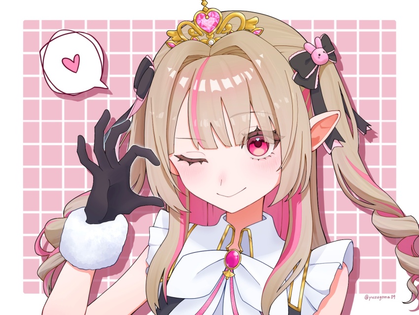 1girl ;) bare_arms black_gloves black_ribbon black_vest blunt_bangs blush border bow bowtie brooch collared_shirt colored_inner_hair drill_hair frilled_ribbon frilled_sleeves frills fur-trimmed_gloves fur_trim gloves gold_trim grey_hair grid_background hair_intakes hair_ornament hair_over_shoulder hair_ribbon half-heart_hands hand_up heart highres idol_clothes jewelry long_hair looking_at_viewer makaino_ririmu multicolored_hair nijisanji nijisanji_idol_uniform official_alternate_costume one_eye_closed outside_border pink_background pink_hair pink_streaks pointy_ears portrait rabbit_hair_ornament red_eyes ribbon shirt sidelocks smile solo spoken_heart streaked_hair tiara twitter_username two-tone_hair two_side_up vest virtual_youtuber white_border white_bow white_bowtie white_fur white_shirt yuzugoma09