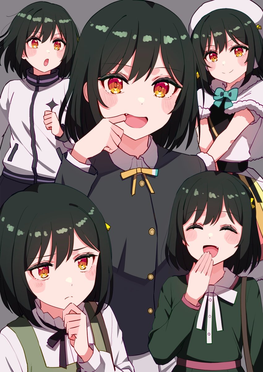 1girl :o absurdres birthday blush closed_eyes commentary cream_(nipakupa) fang finger_in_own_mouth green_hair grey_background hat highres looking_at_viewer love_live! love_live!_nijigasaki_high_school_idol_club medium_hair mifune_shioriko multiple_views nijigasaki_school_uniform school_uniform