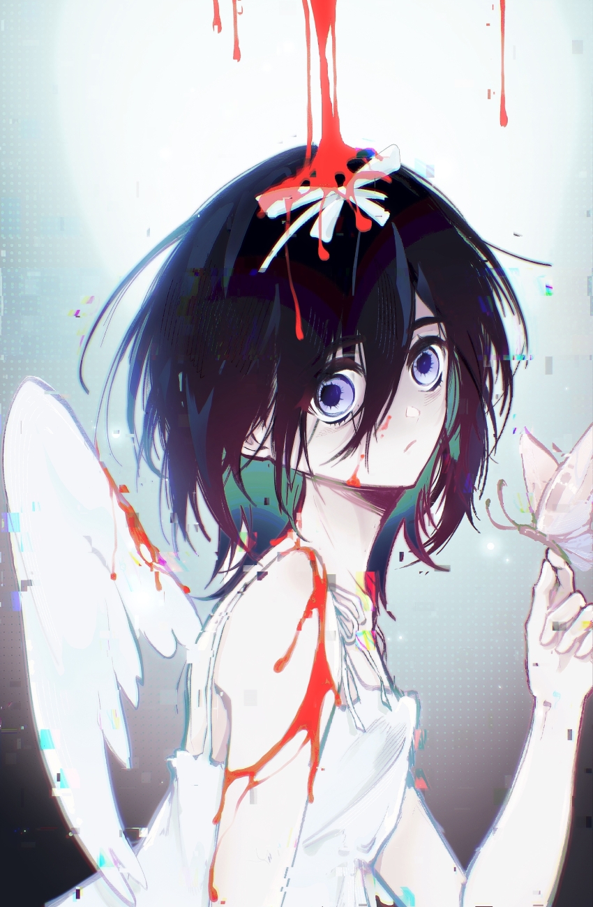 1girl absurdres alien_stage black_hair blood blood_on_shoulder bloody_wings blue_eyes bow bug butterfly butterfly_on_hand closed_mouth commentary dilated_pupils dress from_side guzhiye hair_bow highres insect medium_hair procreate_(medium) raining_blood sleeveless sleeveless_dress solo sua_(alien_stage) white_bow white_butterfly white_dress white_wings wings