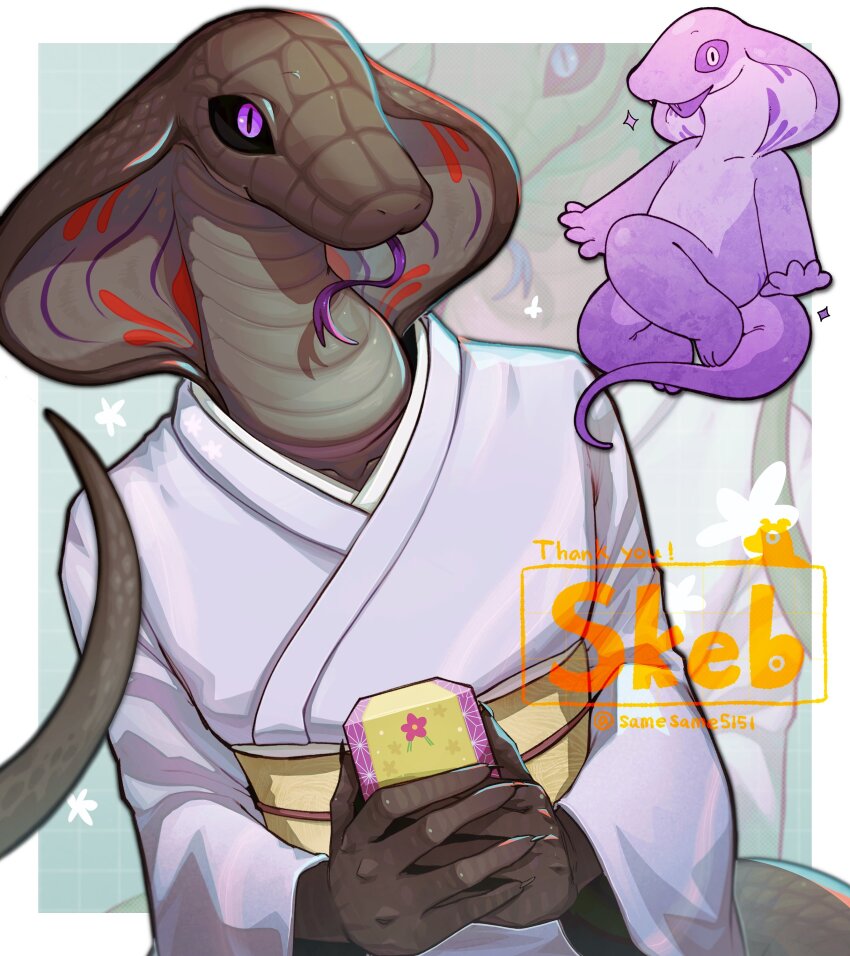1girl absurdres black_sclera claws colored_sclera commentary_request commission forked_tongue furry furry_female highres holding japanese_clothes kimono obi obiage obijime original purple_eyes samesame5151 sash skeb_commission slit_pupils snake_girl tail tongue tongue_out upper_body