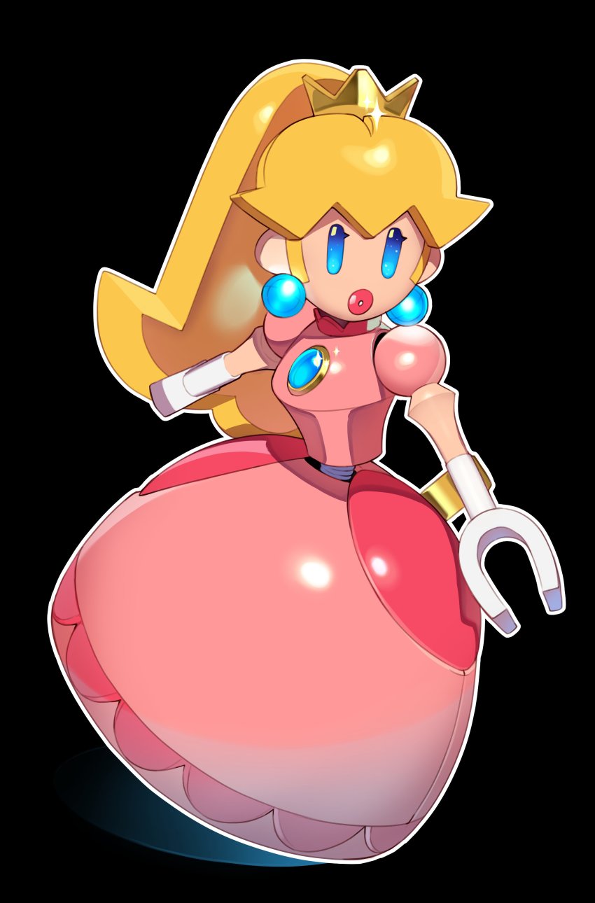 1girl :o absurdres black_background blonde_hair blue_eyes brooch combos_&amp;_doodles crown donkey_kong_(series) dress earrings female_focus glint highres jewelry lips long_hair mario_(series) mario_vs._donkey_kong mario_vs._donkey_kong_2:_march_of_the_minis mini_peach nintendo outline parted_lips pink_dress pink_lips ponytail simple_background solo spring_(object) thick_lips toy white_outline