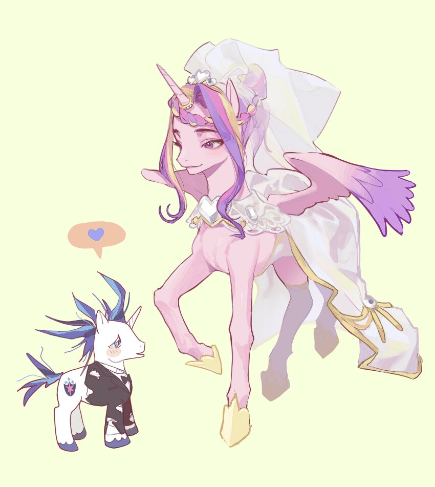 1girl absurdres bridal_veil cutie_mark dress eosatto_(eo4tto) full_body highres horns horse husband_and_wife my_little_pony my_little_pony:_friendship_is_magic pink_fur pony_(animal) princess_cadance shining_armor single_horn size_difference tuxedo unicorn veil wedding_dress winged_unicorn wings