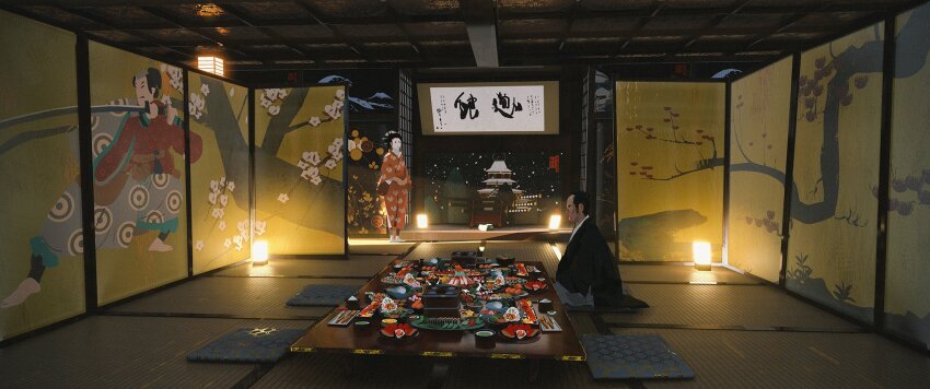 1boy 1girl architecture black_hair black_kimono blue_eye_samurai calligraphy commentary concept_art east_asian_architecture english_commentary fish folding_screen geisha highres indoors japanese_clothes kimono lamp netflix red_kimono scenery seiza sitting sliding_doors solo standing tatami weapon_rack wide_shot yun_ling