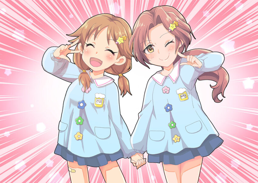 2girls aged_down asami bandaid bandaid_on_leg blue_shirt blue_skirt blush brown_eyes brown_hair buttons closed_eyes commentary emphasis_lines flat_chest hair_ornament hairclip hand_up holding_hands idolmaster idolmaster_cinderella_girls index_finger_raised katagiri_sanae kawashima_mizuki kindergarten_uniform long_hair long_sleeves looking_at_viewer low_twintails medium_hair multiple_girls name_tag one_eye_closed open_mouth pink_background ponytail shirt skirt smile star_(symbol) star_hair_ornament thighs twintails w