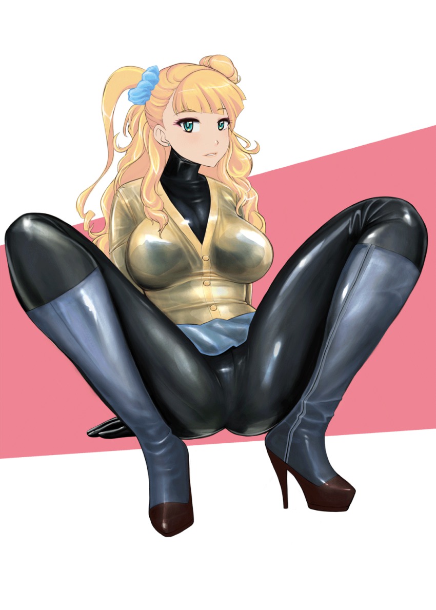 10s 1girl adapted_costume aqua_eyes arm_support asymmetrical_hair black_bodysuit blonde_hair blue_eyes bodysuit bodysuit_under_clothes boots breasts buttons cardigan earrings eyebrows eyelashes female_focus full_body galko gloves hair_bun hair_ornament hair_scrunchie high_heel_boots high_heels highres jewelry komii large_breasts latex latex_boots latex_gloves latex_suit long_hair long_sleeves looking_at_viewer miniskirt one_side_up oshiete!_galko-chan parted_lips scrunchie shiny_clothes side_bun single_side_bun sitting skin_tight skirt solo spread_legs wavy_hair