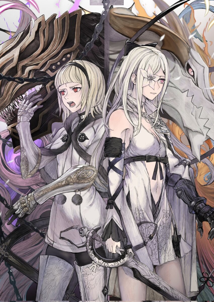 2girls armor armpit_crease bare_shoulders black_bow bow breasts chain cleavage closed_mouth collar drag-on_dragoon drag-on_dragoon_3 dragon feet_out_of_frame flower flower_over_eye gauntlets highres holding holding_sword holding_weapon long_hair medium_breasts medium_hair monster multiple_girls navel one_(drag-on_dragoon) open_mouth prosthesis prosthetic_arm red_eyes sharp_teeth small_breasts sword teeth tricoliet v-shaped_eyebrows weapon wheel white_collar white_hair zero_(drag-on_dragoon)