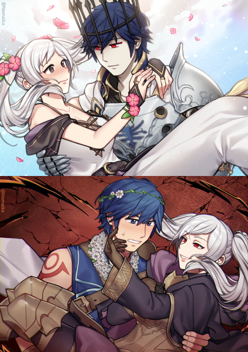 1boy 1girl arm_tattoo armored_boots arms_around_neck artist_request bare_arms bare_shoulders blue_eyes blue_hair blush boots bracelet breasts brown_eyes brown_gloves capelet carrying chrom_(fell_exalt)_(fire_emblem) chrom_(fire_emblem) cleavage coat collarbone corruption couple dark_persona day dress dual_persona embarrassed evil_smile expressionless eyelashes falling_petals female_focus female_robin_(fire_emblem) female_robin_(grandmaster)_(fire_emblem) female_robin_(valentine)_(fire_emblem) fingerless_gloves fingernails fire_emblem fire_emblem_awakening fire_emblem_heroes floating_hair flower flower_bracelet gloves grima_(fire_emblem) hair_flower hair_ornament halterneck hand_on_another&#039;s_face highres hiomaika hood hooded_coat intelligent_systems jewelry lifting_person lips long_dress long_hair long_sleeves looking_at_another matching_hair/eyes medium_breasts mermaid_dress muscular_arms neck nintendo off_shoulder official_alternate_costume open_clothes open_coat outdoors pale_skin parted_lips petals possessed possession princess_carry red_eyes rope_belt sidelocks sleeveless sleeveless_dress smile smirk spaghetti_strap swept_bangs tattoo thigh_boots tight_clothes tight_dress twintails white_hair wide_sleeves