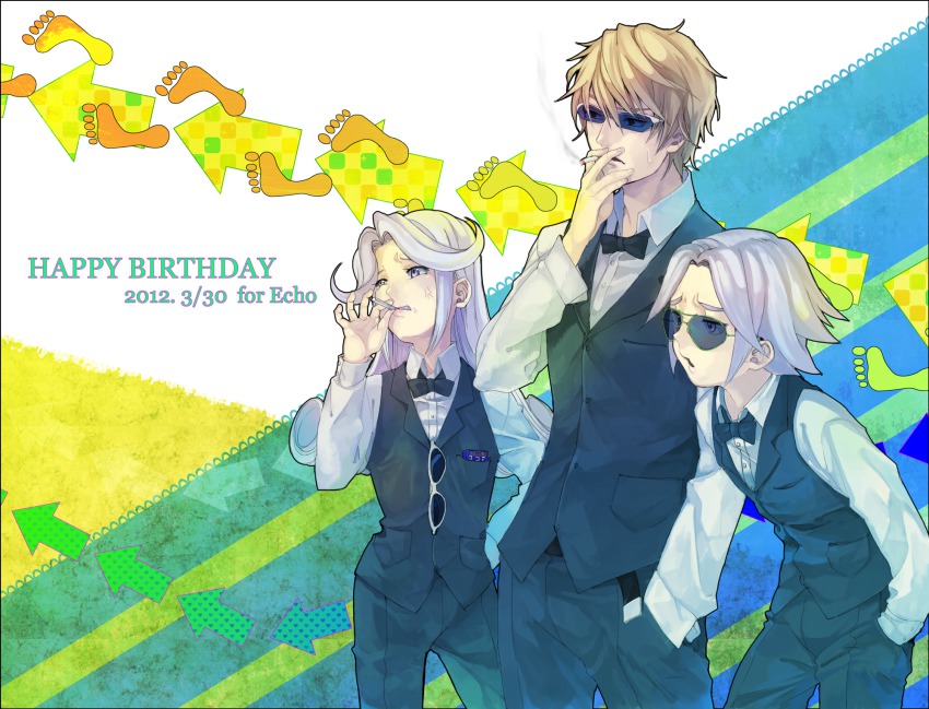1girl 2boys blonde_hair bow bowtie dio_(tales) durarara!! grey_hair heiwajima_shizuo highres long_hair mel_(tales) multiple_boys open_mouth pants purple_eyes short_hair sunglasses tales_of_(series) tales_of_phantasia:_narikiri_dungeon tales_of_phantasia:_narikiri_dungeon_x vest