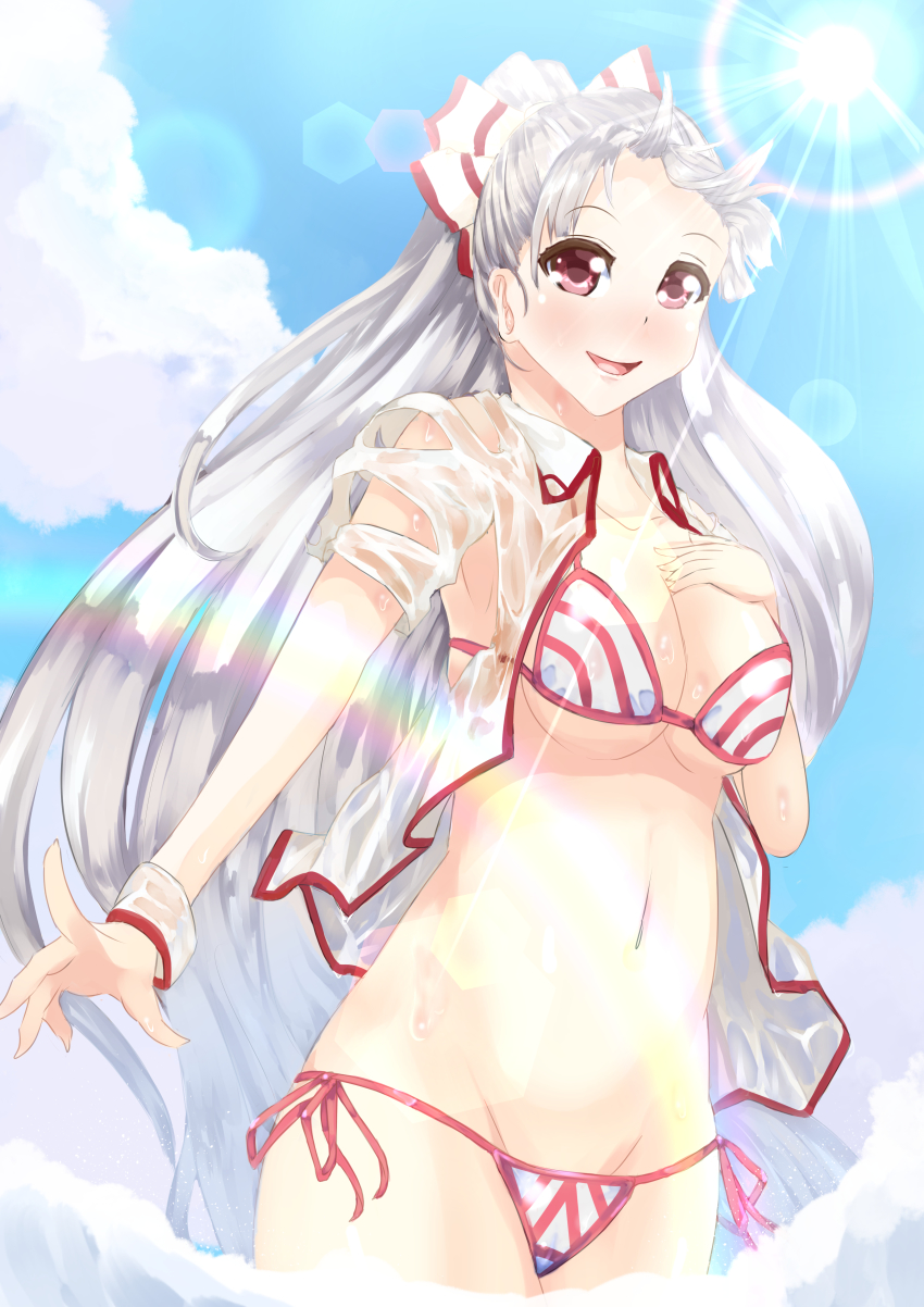 1girl absurdres amatou3 bikini blush bow breasts cleavage female_focus fujiwara_no_mokou hair_bow highres large_breasts long_hair red_eyes see-through_clothes shirt side-tie_bikini_bottom silver_hair smile solo swimsuit touhou very_long_hair wet wet_clothes wet_shirt