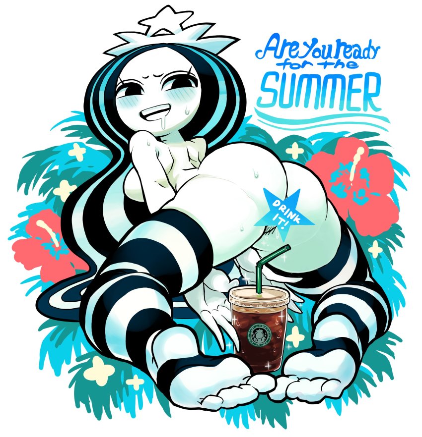 1girl absurdres ass back black_hair blush breasts butt_crack censored coffee drinking_straw feet female_pubic_hair flower gashi-gashi hibiscus highres iced_coffee kneeling looking_back multicolored_hair open_mouth plant pubic_hair sparkle star_censor starbucks starbucks_siren stb-chan striped_clothes striped_thighhighs sweat teeth thighhighs wavy_hair white_hair