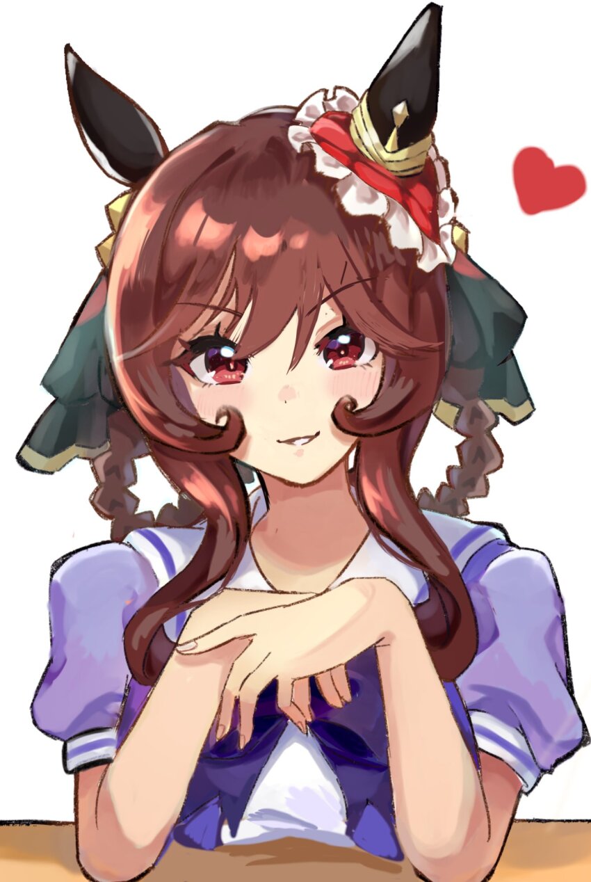 1girl animal_ears blush braid braided_hair_rings brown_hair ear_covers ear_ornament gentildonna_(umamusume) hair_between_eyes hair_ornament hair_rings heart-shaped_ornament heart_ear_ornament highres horse_ears horse_girl looking_at_viewer purple_serafuku red_eyes school_uniform serafuku simple_background single_ear_cover smile solo sui_sui0510 tracen_school_uniform umamusume white_background