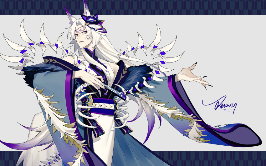 1boy alternate_costume animal_ears artist_name facial_mark fingernails fox_ears fox_mask fox_tail highres japanese_clothes kimono long_hair long_sleeves looking_at_viewer male_focus mask multicolored_hair obi onmyoji parted_lips purple_eyes purple_hair ru_(famia) sash sharp_fingernails signature solo tail white_hair wide_sleeves youko_(onmyoji)