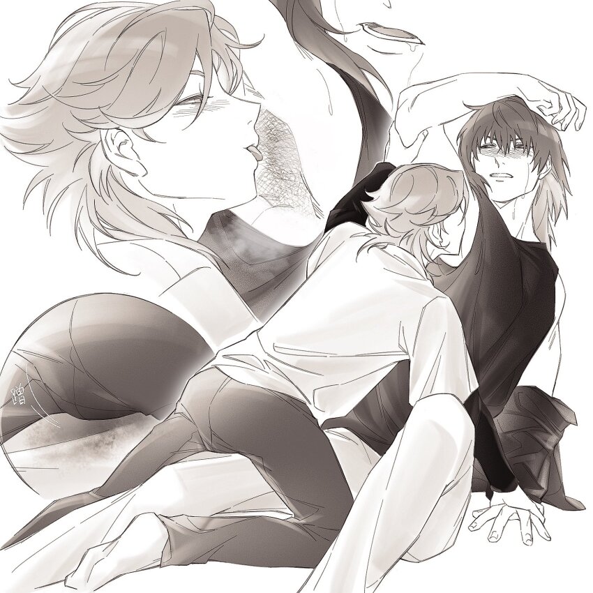 2boys amada_ken aragaki_shinjirou armpits bare_shoulders blush chinese_commentary commentary_request curtained_hair greyscale hair_behind_ear hair_between_eyes hand_on_another&#039;s_wrist highres jacket jacket_partially_removed layered_sleeves licking licking_armpit long_sleeves lower_teeth_only male_focus medium_hair monochrome multiple_boys open_mouth pants parted_lips persona persona_3 persona_4:_the_ultimate_in_mayonaka_arena persona_4:_the_ultimax_ultra_suplex_hold rentonotnerd saliva shirt short_over_long_sleeves short_sleeves sleeveless sleeveless_shirt sweat teeth tongue tongue_out white_background yaoi