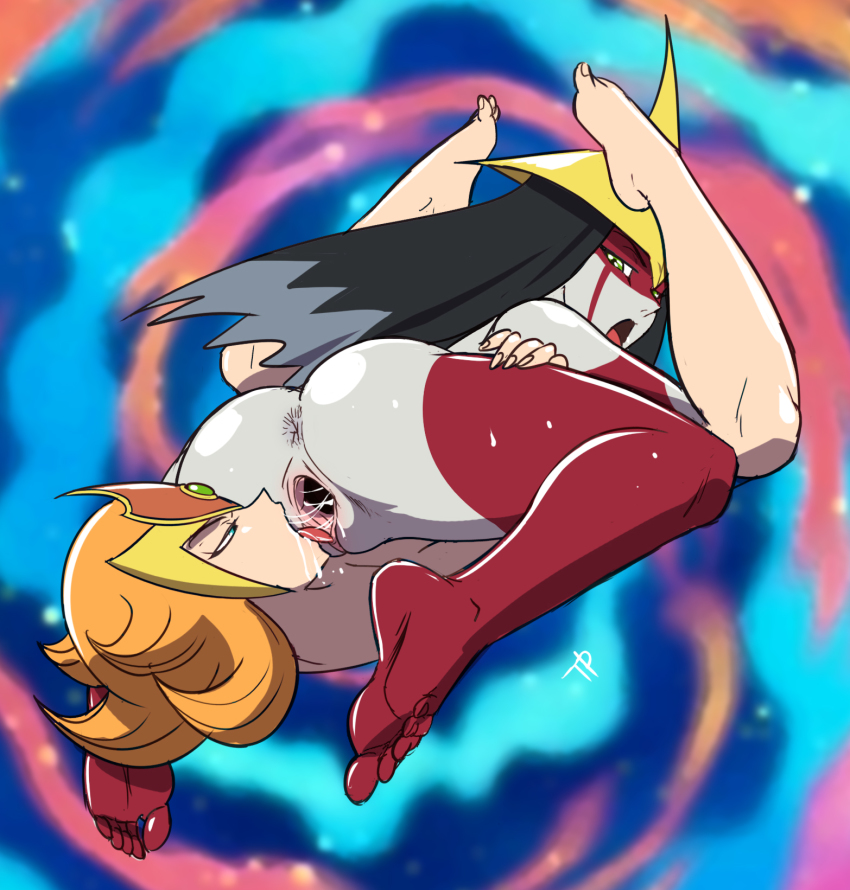 2girls 69 anus ass black_hair blonde_hair blue_eyes clitoris cunnilingus elemental_hero_burstinatrix elemental_hero_lady_heat female_focus highres multiple_girls oral pussy pussy_juice saliva spread_pussy therappy uncensored yu-gi-oh! yuri