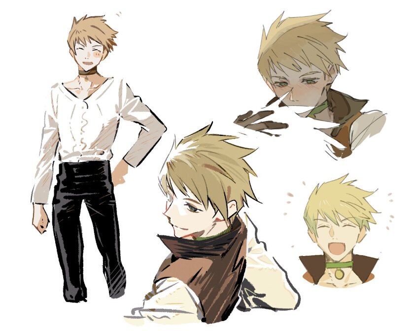 1boy black_pants blonde_hair blue_eyes blush brown_vest closed_mouth collarbone collared_vest commentary_request cropped_legs guy_cecil hand_on_another&#039;s_head hand_on_own_hip jewelry looking_down looking_to_the_side male_focus multiple_views necklace open_mouth pants popped_collar shirt short_hair short_sleeves simple_background smile tales_of_(series) tales_of_the_abyss tongue v-neck vest white_background white_shirt xing_20