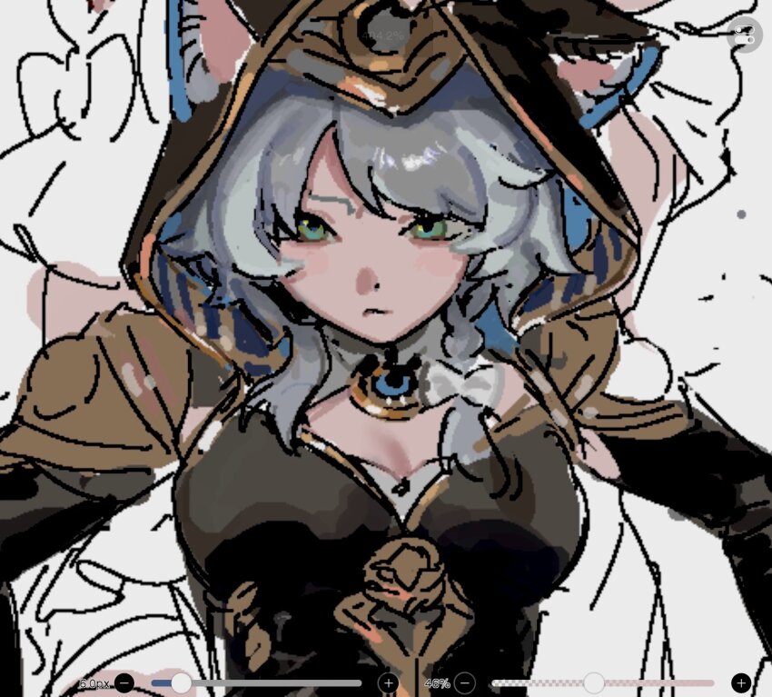 1girl animal_ears animal_hood art_program_in_frame black_shirt bow braid breasts cat_ears cat_girl cat_hood cipher_(honkai:_star_rail) closed_mouth frills green_eyes grey_hair hair_bow highres honkai:_star_rail honkai_(series) hood hood_up looking_at_viewer medium_breasts medium_hair shirt simple_background single_braid solo suzuri_2449 upper_body white_background