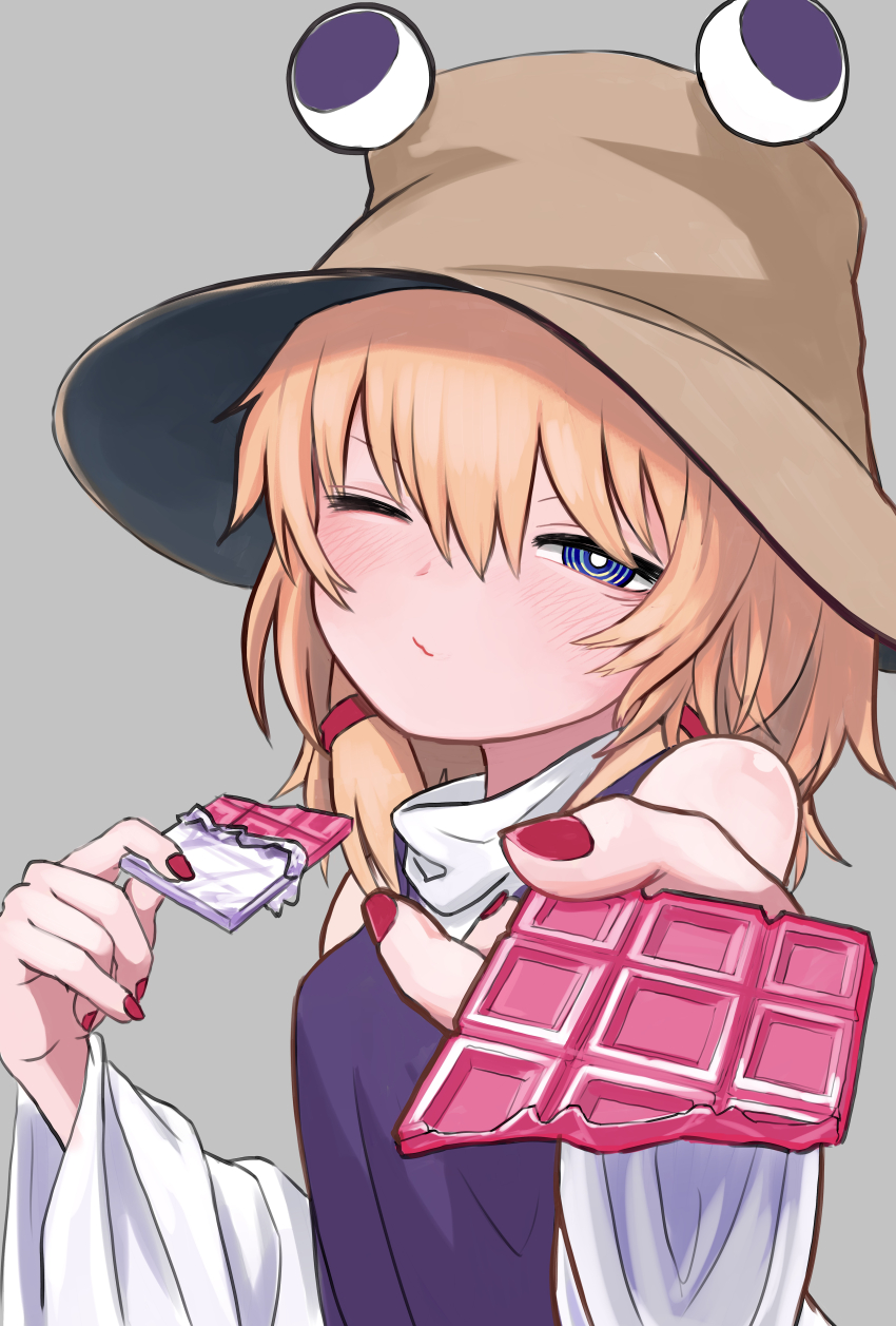 absurdres blonde_hair blue_eyes blush chocolate dress food grey_background hair_between_eyes highres holding holding_chocolate holding_food long_sleeves looking_at_viewer medium_hair moriya_suwako nail_polish neritch one_eye_closed purple_dress pyonta touhou valentine white_sleeves