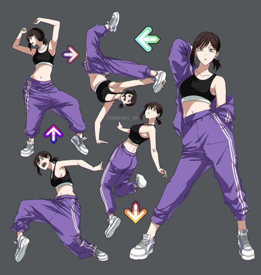 1girl absurdres armpits arms_up arrow_(symbol) artist_name ass bemani black_sports_bra breakdance breasts bright_pupils brown_eyes brown_hair chainsaw_man dance_dance_revolution full_body grey_background higashiyama_kobeni highres inkspirate instagram_username looking_at_viewer medium_hair multiple_views navel pants ponytail purple_pants shoes short_hair sideboob simple_background sneakers sports_bra track_pants white_footwear white_pupils white_shoes