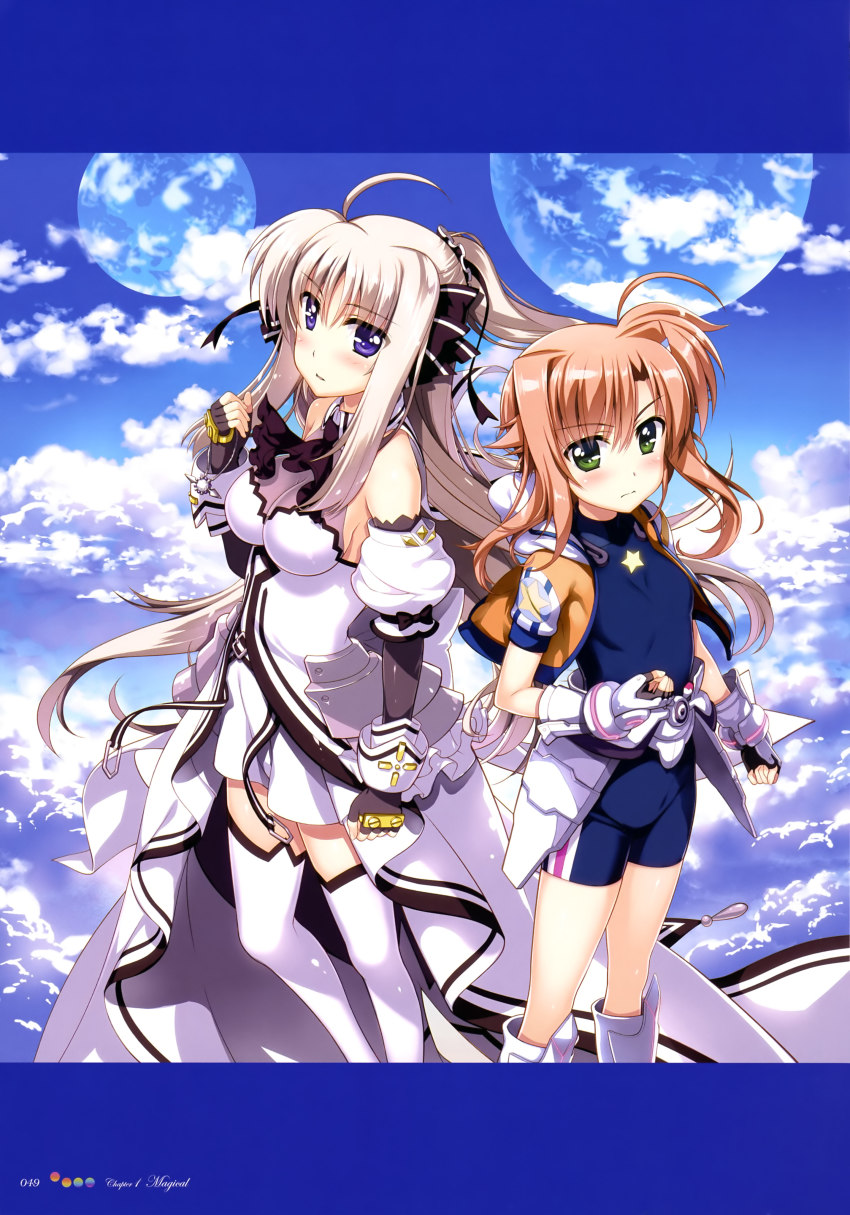 2girls absurdres ahoge armor ascot bare_shoulders belt black_gloves black_ribbon black_scrunchie blue_bodysuit blue_eyes blue_sky blush bodysuit boots breasts cleavage clenched_hands cloud cloudy_sky collared_dress cropped_jacket day detached_sleeves dress elbow_gloves english_text fingerless_gloves frilled_dress frills fujima_takuya gauntlets gloves green_eyes grey_gloves hair_ornament hair_ribbon hair_scrunchie highres holding holding_jewelry holding_necklace hood hooded_jacket impossible_clothes impossible_dress jacket jewelry large_breasts light_brown_hair long_hair looking_at_viewer lyrical_nanoha magical_girl miura_rinaldi multiple_girls necklace neon_trim official_art orange_jacket outdoors page_number parted_lips planet ponytail print_bodysuit print_jacket puffy_short_sleeves puffy_sleeves purple_ascot ribbon rinne_berlinetta scan scrunchie scuderia see-through_clothes short_dress short_sleeves sky small_breasts star_(symbol) star_print star_saber_(nanoha) striped thighhighs vertical_stripes vivid_strike! white_belt white_dress white_footwear white_frills white_legwear white_sleeves zettai_ryouiki