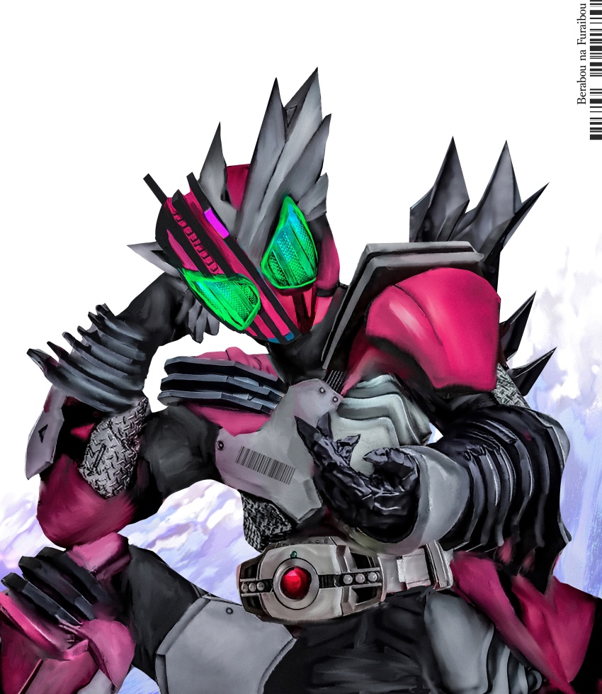 1boy absurdres armor black_bodysuit bodysuit decadriver green_eyes highres kamen_rider kamen_rider_dcd kamen_rider_decade kamen_rider_zero-one male_focus obakelope0530 pink_armor power_armor upper_body