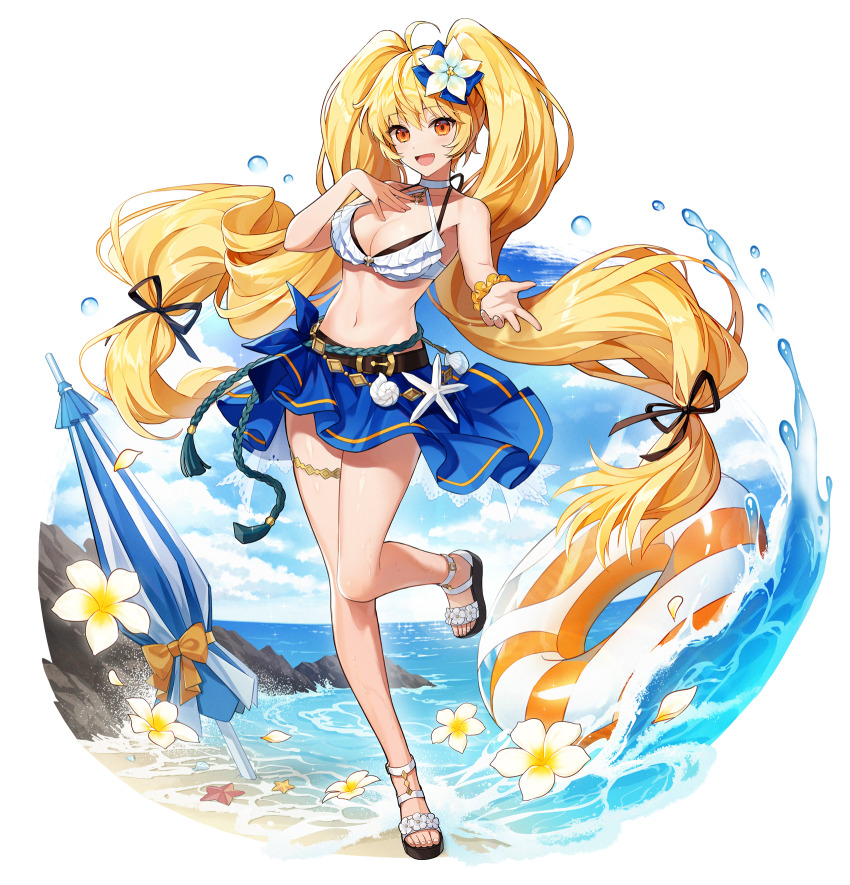 1girl ahoge akashic_chronicle beach beach_umbrella bikini blonde_hair blush breasts brown_eyes flower full_body hair_flower hair_ornament hand_on_own_chest highres innertube large_breasts long_hair looking_at_viewer navel nez39 ocean open_mouth sandals smile solo swim_ring swimsuit transparent_background twintails umbrella very_long_hair water white_bikini
