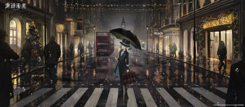 1girl 6+others ascot black_coat black_footwear black_hair black_pants black_umbrella black_vest blue_bow boater_hat boots bow building bus christmas_tree closed_mouth coat collared_shirt crosswalk double-decker_bus elizabeth_tower expressionless grey_eyes grey_hair hair_bun happy_new_year hat hat_bow highres holding holding_case holding_umbrella knee_boots lamppost london long_sleeves looking_at_viewer multiple_others new_year night night_sky official_art outdoors pants people puddle rain reverse:1999 road scenery second-party_source shirt short_hair sign single_side_bun sky solo_focus standing street string_of_light_bulbs umbrella vertin_(reverse:1999) vest water_drop white_ascot white_shirt wide_shot