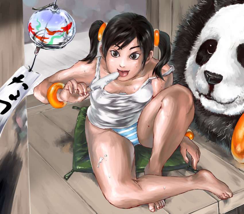 1girl barefoot black_hair brown_eyes camisole dripping food hot ling_xiaoyu panda panda_(tekken) panties popsicle scrunchie short_twintails sitting spot_(artist) strap_slip striped_clothes striped_panties sweat tekken twintails underwear wind_chime