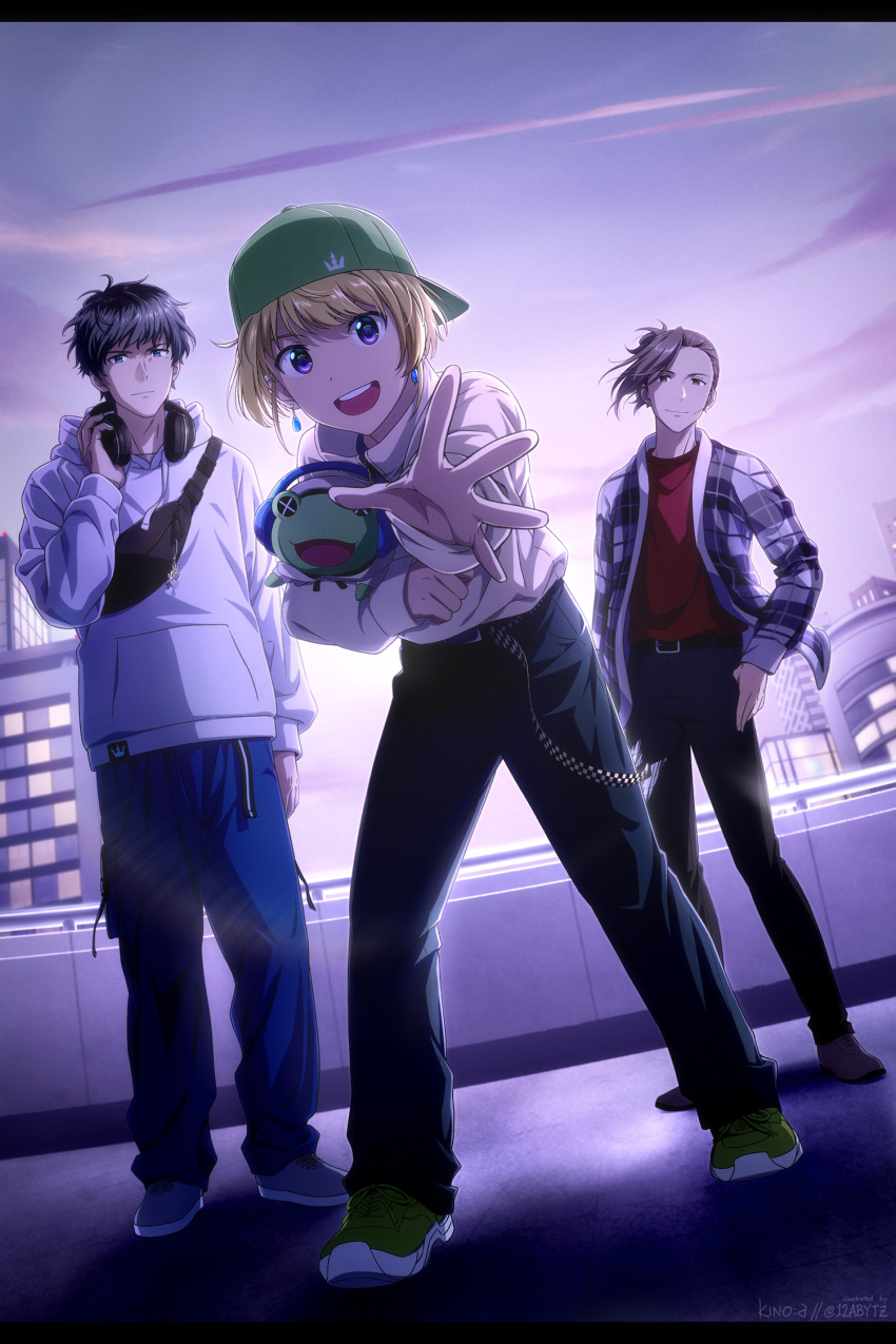 12abytz 3boys backwards_hat beit_(idolmaster) belt blonde_hair blue_eyes brown_eyes brown_hair denim earrings full_body hair_between_eyes hat headphones headphones_around_neck highres holding holding_stuffed_toy hood hoodie idolmaster idolmaster_side-m jeans jewelry kaerre long_sleeves looking_at_viewer male_focus mole mole_under_eye multiple_boys open_clothes open_mouth open_shirt pants pierre_bichelberger purple_eyes red_shirt shirt shoes sky sneakers stuffed_animal stuffed_frog stuffed_toy takajo_kyoji teeth thumbs_in_pockets upper_teeth_only watanabe_minori white_hoodie