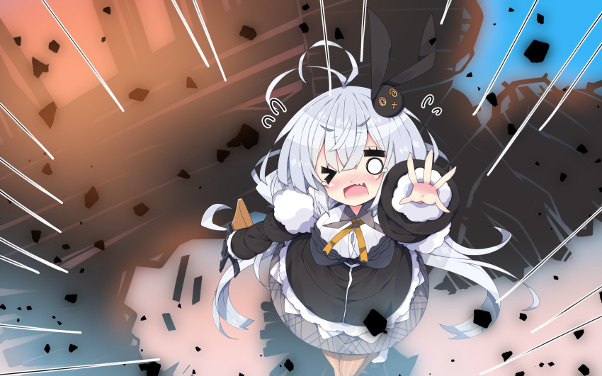 &gt;_o 1girl antenna_hair assault_rifle black_jacket blush breasts collared_shirt commentary_request dress fang female_focus flying_sweatdrops fur-trimmed_sleeves fur_trim grey_dress gun hair_between_eyes hair_ornament highres holding holding_gun holding_weapon jacket kizuna_akari large_breasts long_hair long_sleeves low_twintails milkpanda nose_blush o_o one_eye_closed open_mouth orange_legwear outstretched_arm pantyhose puffy_long_sleeves puffy_sleeves rabbit_hair_ornament rifle shirt silver_hair solo standing standing_on_one_leg stg44 striped_clothes striped_legwear striped_pantyhose teardrop twintails vertical-striped_clothes vertical-striped_legwear vertical-striped_pantyhose very_long_hair voiceroid weapon white_shirt