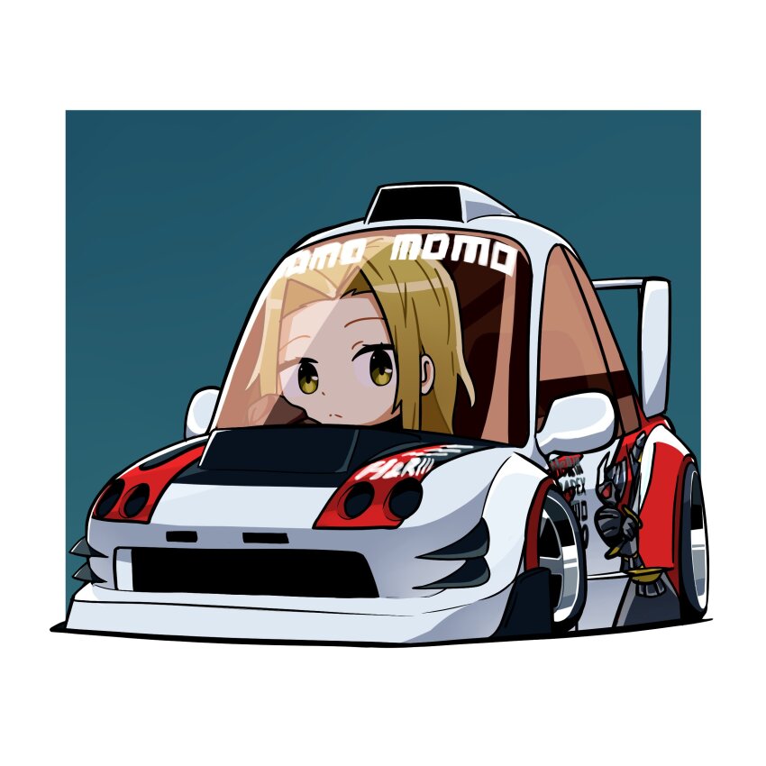 1girl absurdres blue_background brown_sweater car chibi driving duz frown hair_behind_ear highres honda honda_integra hori-san_to_miyamura-kun long_sleeves looking_at_viewer motor_vehicle need_for_speed need_for_speed:_underground sleeves_past_wrists solo spoiler_(automobile) sweater vehicle_focus yoshikawa_yuki_(hori-san_to_miyamura-kun)