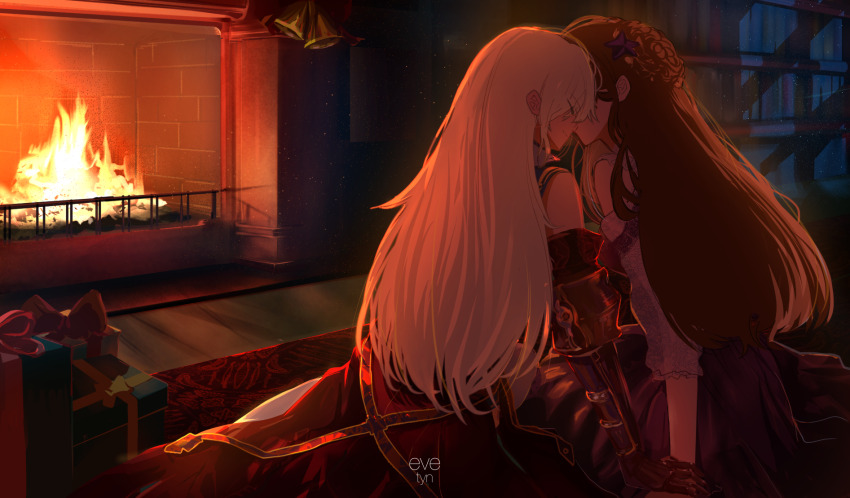 2girls arnas_(yoru_no_nai_kuni) bell braid braided_bun brown_hair christmas christmas_present dress fireplace gift hair_bun highres jingle_bell kiss long_hair lyuritis_(yoru_no_nai_kuni) multiple_girls ossan_jololol very_long_hair white_hair wife_and_wife yoru_no_nai_kuni yuri