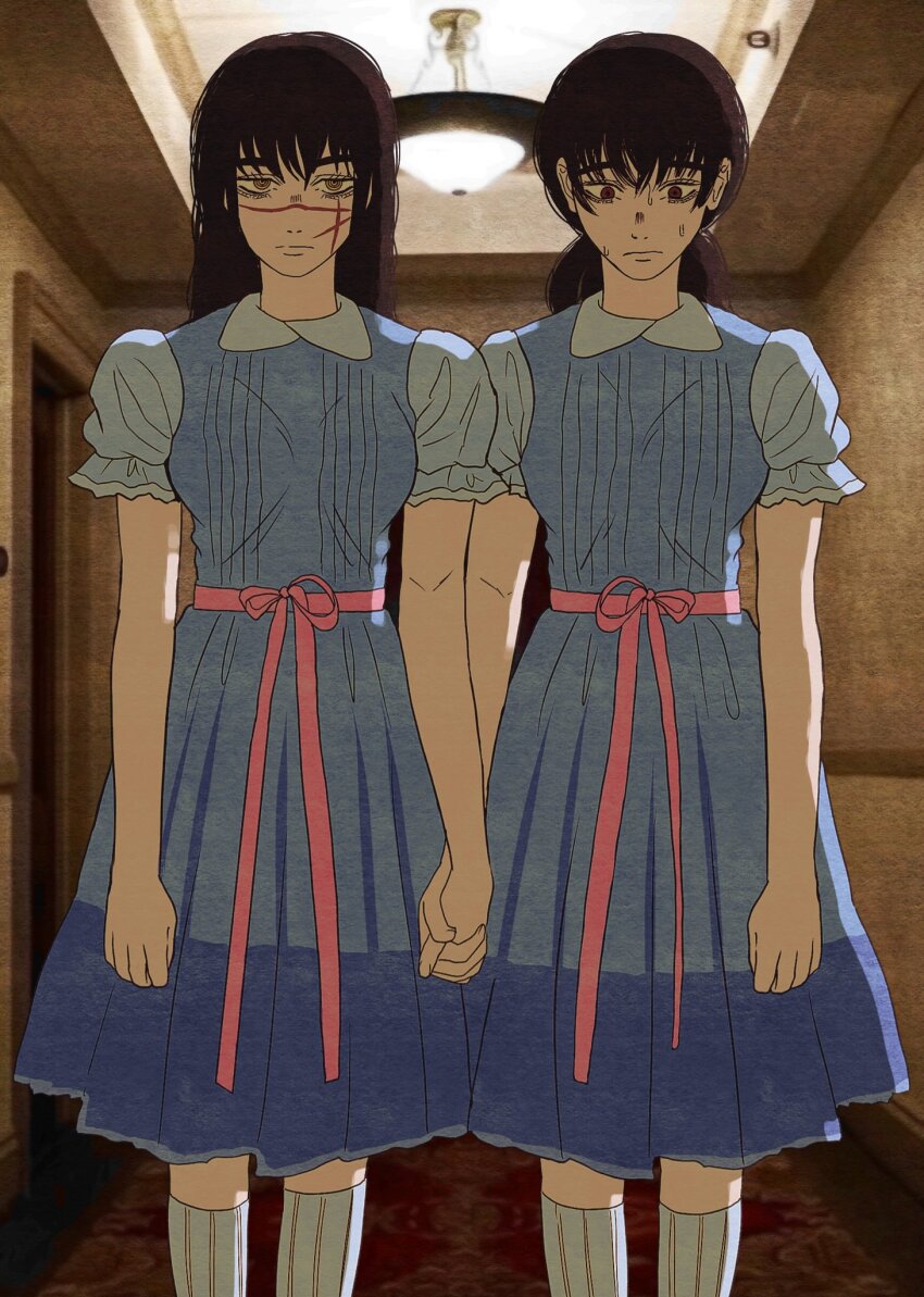 2girls black_hair blue_dress cdtxufre ceiling_light chainsaw_man closed_mouth cosplay cross_scar dress dual_persona facial_scar grady_sisters_(the_shining) grady_sisters_(the_shining)_(cosplay) hallway highres holding_hands horror_(theme) indoors long_hair looking_at_viewer low_twintails mary_janes matching_outfits mitaka_asa multiple_girls parody red_eyes ribbon ringed_eyes scar scar_on_cheek scar_on_face scar_on_nose scene_reference screenshot_inset shoes short_sleeves side-by-side socks standing the_shining twintails waist_ribbon wallpaper_(object) yoru_(chainsaw_man)