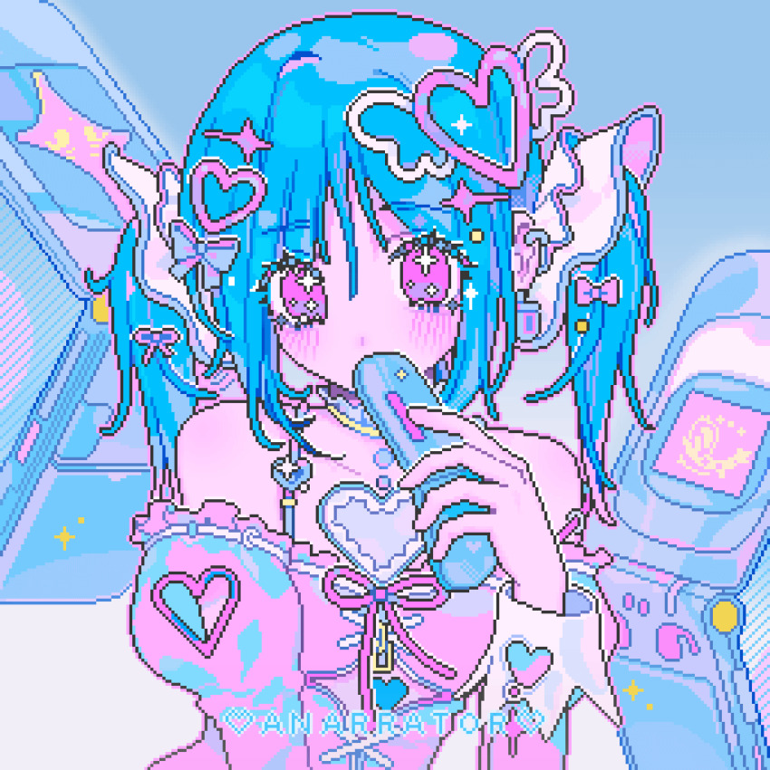 1girl animated animated_gif apangbai_(anarrator) arm_cutout artist_name bare_shoulders blinking blue_background blue_bow blue_hair bow brooch cellphone chinese_commentary choker closed_mouth clothing_cutout commentary_request covering_own_mouth cross-laced_clothes cross-laced_top dot_nose empty_eyes expressionless eyelashes flip_phone frilled_choker frilled_shirt frills gradient_background hair_bow hair_ornament hair_scrunchie hairclip heart heart_brooch heart_cutout heart_hair_ornament highres holding holding_phone jewelry juliet_sleeves light_blush long_hair long_sleeves looping_animation multiple_hair_bows off-shoulder_shirt off_shoulder original outline phone pink_bow pink_eyes pink_outline pink_ribbon pink_shirt pixel_art puffy_sleeves ribbon scrunchie shirt smartphone solo sparkle_hair_ornament sparkling_eyes twintails upper_body white_background white_scrunchie white_sleeve_cuffs winged_heart yellow_choker