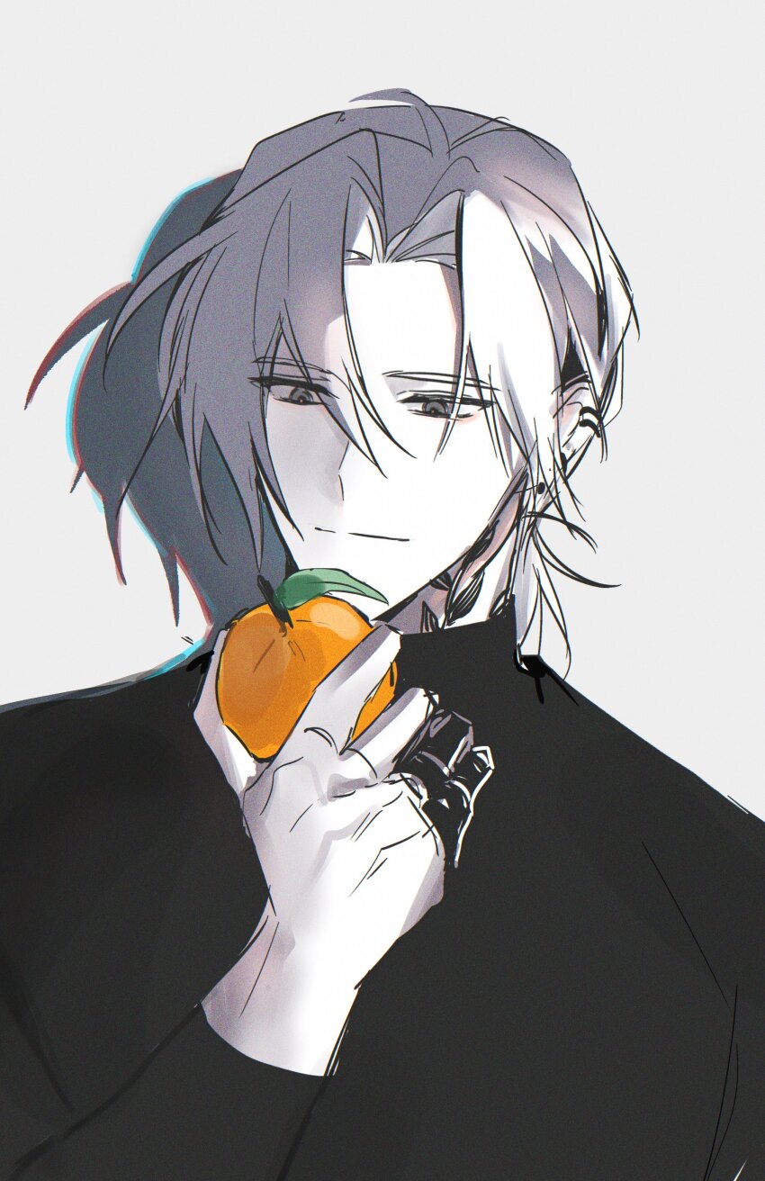 1boy 8enthopelagic absurdres chromatic_aberration closed_mouth commentary_request eoduun_badaui_deungbul-i_doeeo film_grain food fruit grey_background highres holding holding_food holding_fruit kim_jaehee korean_commentary male_focus neck_tattoo orange_(fruit) prosthetic_fingers shadow short_hair simple_background solo tattoo upper_body