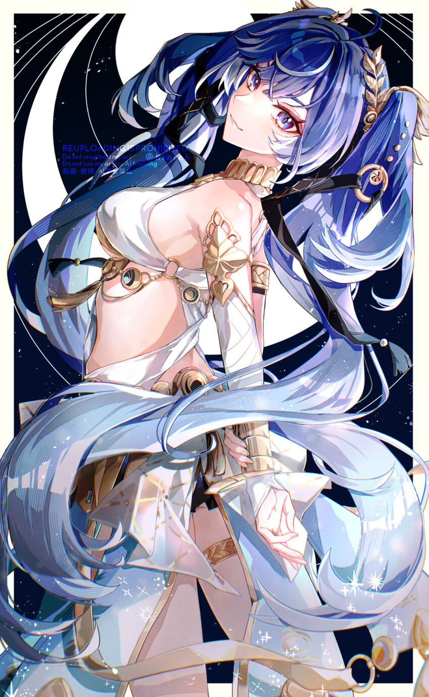 1girl ahoge ancient_greek_clothes bare_shoulders black_skirt blue_eyes blue_hair breasts closed_mouth commentary cowboy_shot from_side gold_bra gradient_hair greco-roman_clothes hair_belt haruna_(hrnrnh) head_wreath highres iuno_(wuthering_waves) jewelry long_hair looking_at_viewer looking_to_the_side medium_breasts miniskirt multicolored_hair skirt smile solo streaked_hair thighlet very_long_hair wuthering_waves
