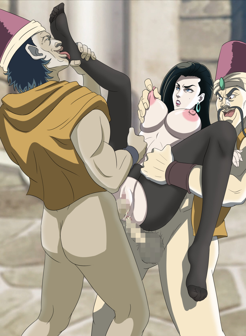 1girl 2boys absurdres anal angry anus ass black_hair blue_eyes bottomless breasts censored clenched_teeth clothed_sex cum cum_in_ass cum_in_pussy double_penetration earrings facial_hair grabbing_another&#039;s_breast grabbing_from_behind groin groping highres jewelry jfbz jojo_no_kimyou_na_bouken large_breasts legs licking_foot lisa_lisa loggins_(jojo) long_hair messina_(jojo) mosaic_censoring multiple_boys mustache nipple_stimulation nipple_tweak nipples no_bra no_panties open_mouth outdoors pantyhose penis pussy reverse_suspended_congress sex sex_from_behind standing standing_sex teeth thighs torn_clothes torn_pantyhose v-shaped_eyebrows vaginal