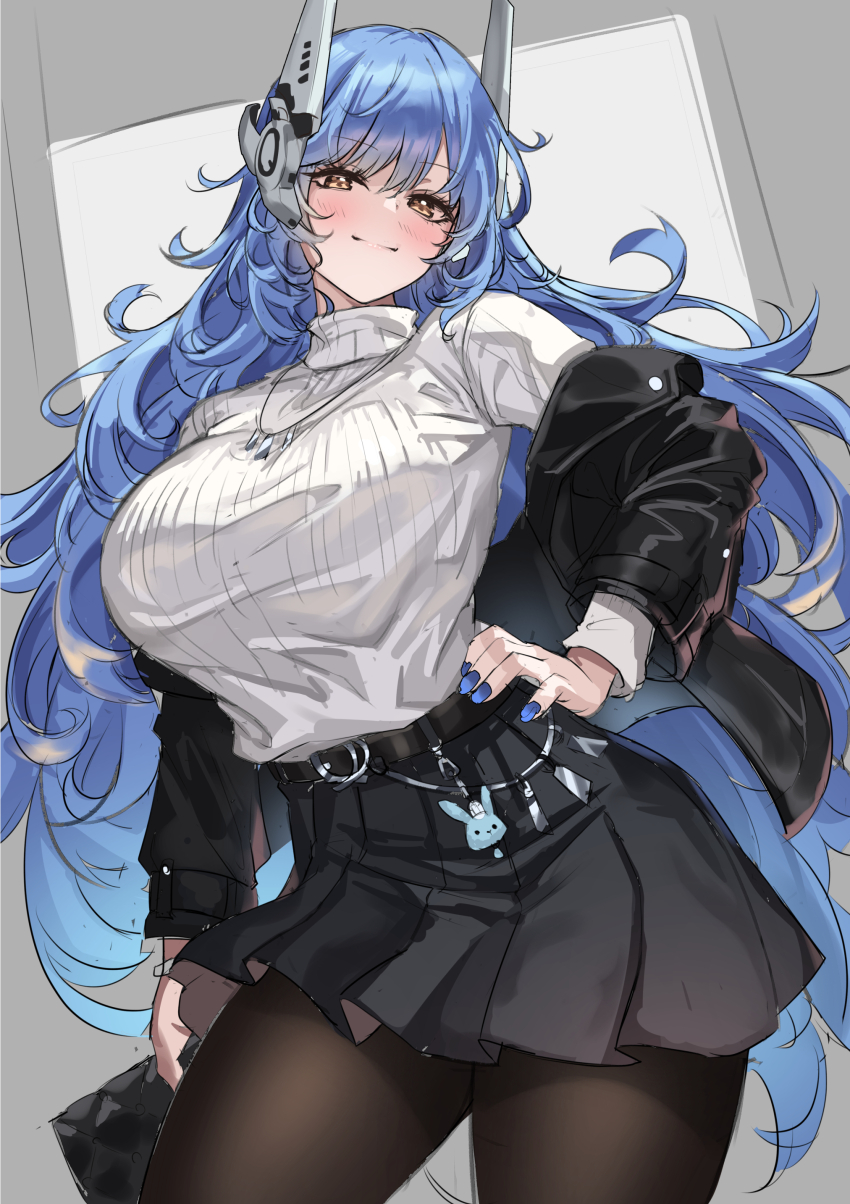 1girl absurdres alternate_costume bag black_jacket black_pantyhose black_skirt blue_hair blue_nails blush breasts cenangam commentary_request contrapposto girls&#039;_frontline grey_background headgear highres holding holding_bag jacket jewelry korean_commentary large_breasts light_smile long_hair necklace off_shoulder open_clothes open_jacket pantyhose pleated_skirt ribbed_sweater skirt solo sweater tar-21_(girls&#039;_frontline) unfinished white_sweater yellow_eyes