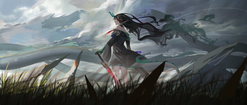 1girl 1other absurdres arknights black_hair character_request cloud cloudy_sky commentary dragon dragon_girl dragon_horns dragon_tail dusk_(arknights) earrings english_commentary from_below grass highres holding holding_sheath holding_sword holding_weapon horns jewelry planted planted_sword planted_weapon pointy_ears profile scabbard sheath sky sword tail tmt weapon