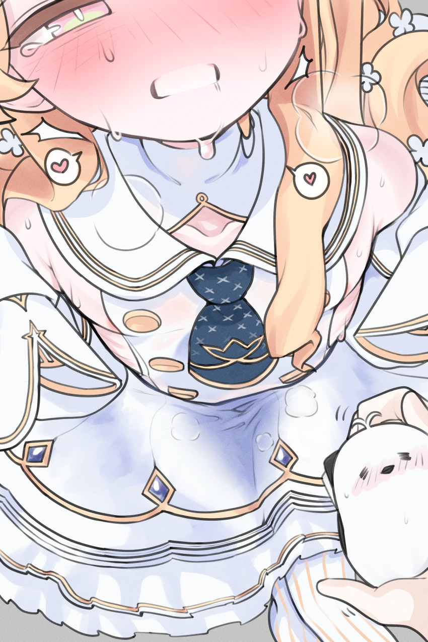1girl 1other =_= absurdres bird bird_on_hand blonde_hair blue_archive blush cleavage_cutout clothing_cutout collarbone detached_sleeves dress headpat heart heavy_breathing highres loli necktie pov pov_hands seia_(blue_archive) sensei_(blue_archive) shared_sense sharp_to_sharp short_necktie sideless_outfit spoken_heart sweatdrop tears white_dress