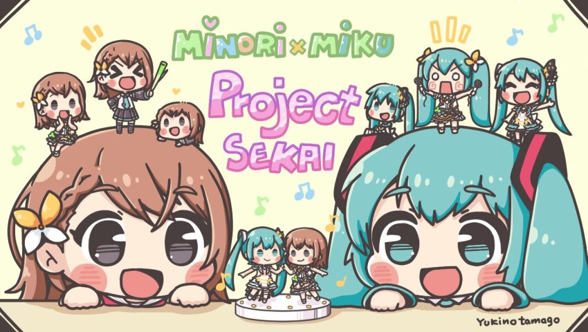 &gt;_&lt; 2girls :d ^_^ aqua_hair artist_name blush braid brown_hair chibi closed_eyes commentary_request food grey_eyes guest_art hachune_miku hair_ornament hanasato_minori hatsune_miku heart holding holding_food holding_spring_onion holding_vegetable multiple_girls musical_note official_art open_mouth project_sekai second-party_source smile solid_circle_eyes spring_onion tongue twintails v-shaped_eyebrows vegetable vocaloid yukino_tamago