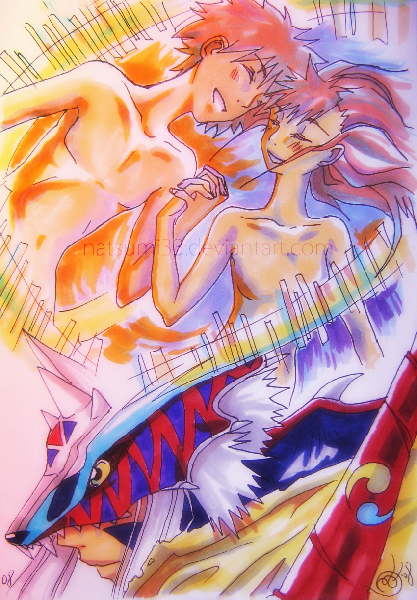1boy 1girl 2000s_(style) 2008 absurdres biomerge breasts brown_hair completely_nude convenient_censoring couple digimon digimon_(creature) digimon_tamers energy floating_hair fusion highres long_hair makino_ruki matrix_evolution matsuda_takato nude original short_hair small_breasts transformation