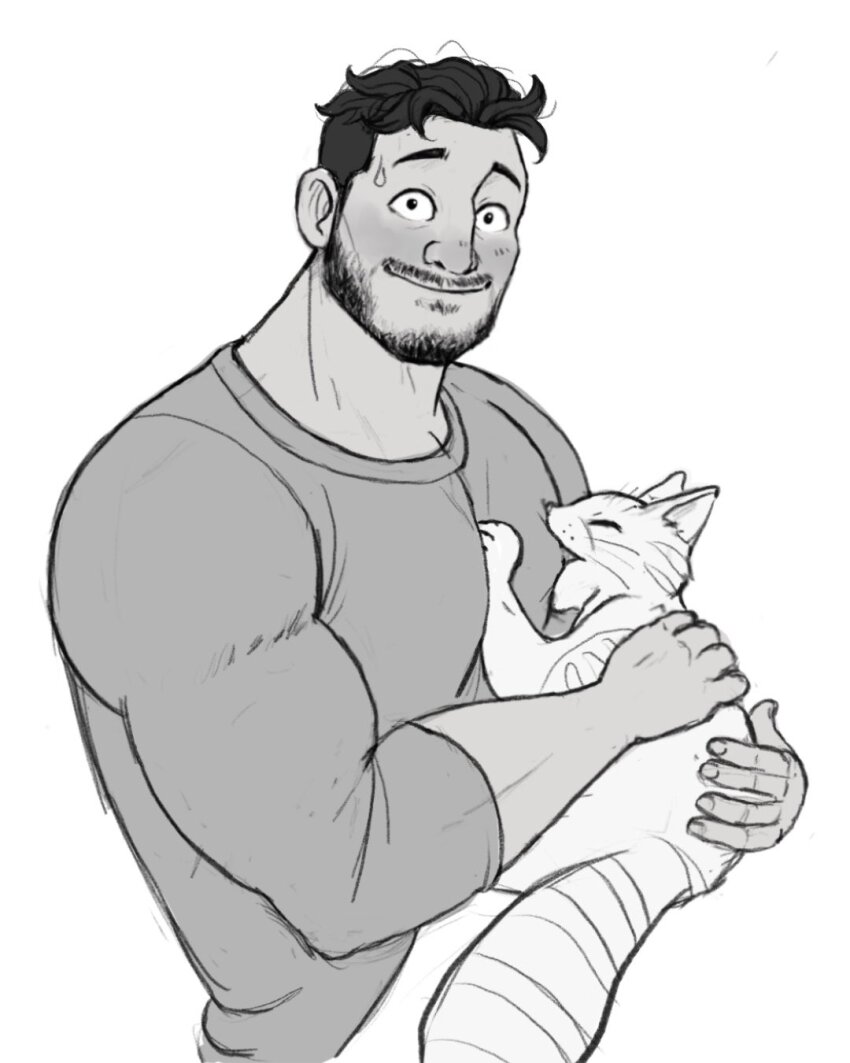 1boy animal arasgnes bara beard blush breastfeeding_through_clothes cat constricted_pupils coral_island facial_hair full_beard greyscale highres kneading_(behavior) large_pectorals male_focus mature_male monochrome muscular muscular_male pectorals rafael_(coral_island) raised_eyebrows shirt short_hair solo sweatdrop t-shirt thick_eyebrows upper_body