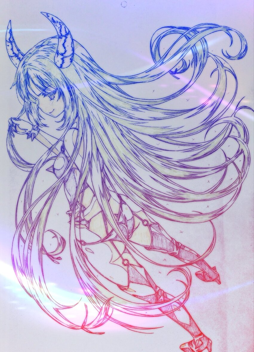 1girl alternate_form alternate_hairstyle armor ass bikini_armor boku_wa_tomodachi_ga_sukunai bracelet breasts butt_crack closed_mouth commentary_request demon_horns from_behind full_body garter_straps gradient_background high_heels highres holding holding_own_hair horns jewelry lineart looking_back mikazuki_yozora official_alternate_costume playing_with_own_hair profile revealing_clothes small_breasts solo spiked_bikini spiked_bracelet spikes standing thighhighs traditional_media watanabe_yoshihiro