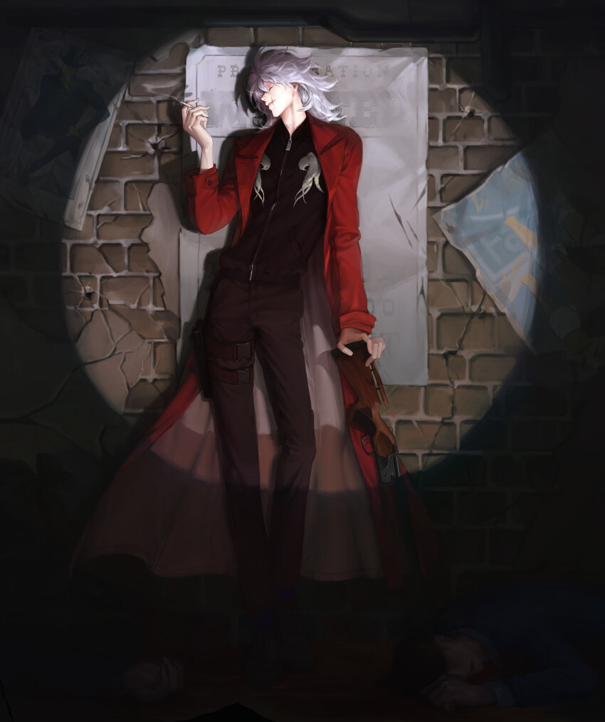 1other 2boys black_pants black_shirt black_shoes brick_wall cigarette closed_eyes coat commentary english_commentary english_text full_body grey_hair gun hair_between_eyes highres holding holding_cigarette male_focus medium_hair multiple_boys original pants red_coat scar scar_on_face scar_on_mouth shirt shoes smile smoke solo_focus spotlight ven0305 weapon zipper zipper_pull_tab