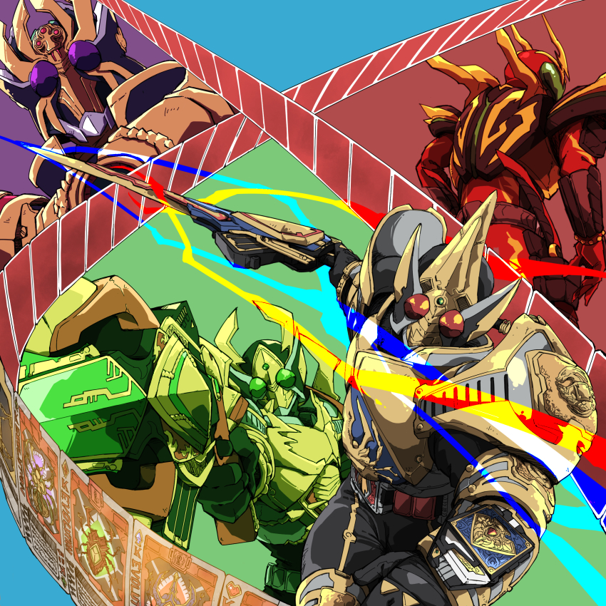 4boys absurdres aiming aiming_at_viewer armor back black_armor black_bodysuit blay_buckle bodysuit bug card commentary english_commentary gold_armor green_eyes gun highres holding holding_gun holding_sword holding_weapon kamen_rider kamen_rider_blade kamen_rider_blade_(king_form) kamen_rider_blade_(series) kamen_rider_chalice kamen_rider_garren kamen_rider_garren_(king_form) kamen_rider_leangle kamen_rider_leangle_(king_form) kamen_rider_wild_chalice king_rouzer multiple_boys naitsupic purple_eyes red_bodysuit red_eyes rhinoceros_beetle rouse_card stag_beetle sword tarantula tokusatsu weapon