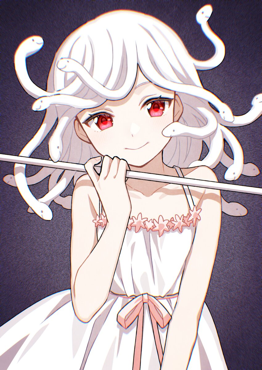 1girl absurdres closed_mouth collarbone dress film_grain flat_chest god_nadeko highres holding holding_weapon looking_at_viewer manimani_(mani_ma) medium_hair monogatari_(series) red_eyes sengoku_nadeko simple_background sleeveless sleeveless_dress smile snake_hair solo sundress upper_body weapon white_dress white_hair